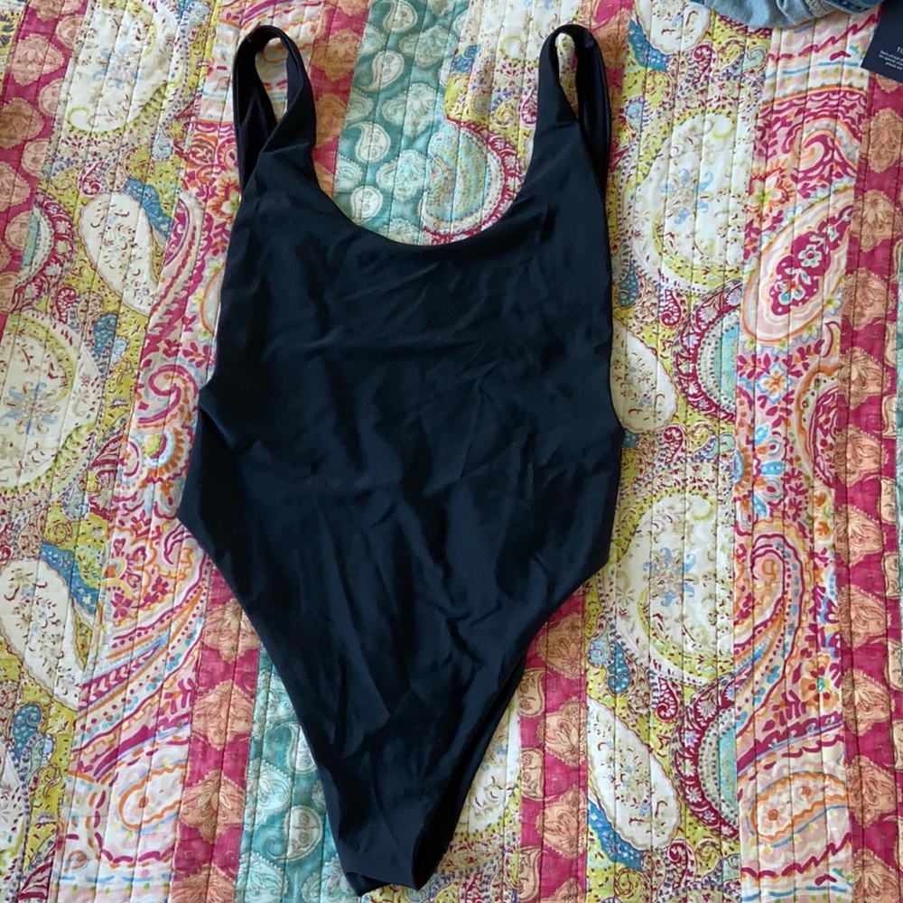 Black one-piece bathing suit